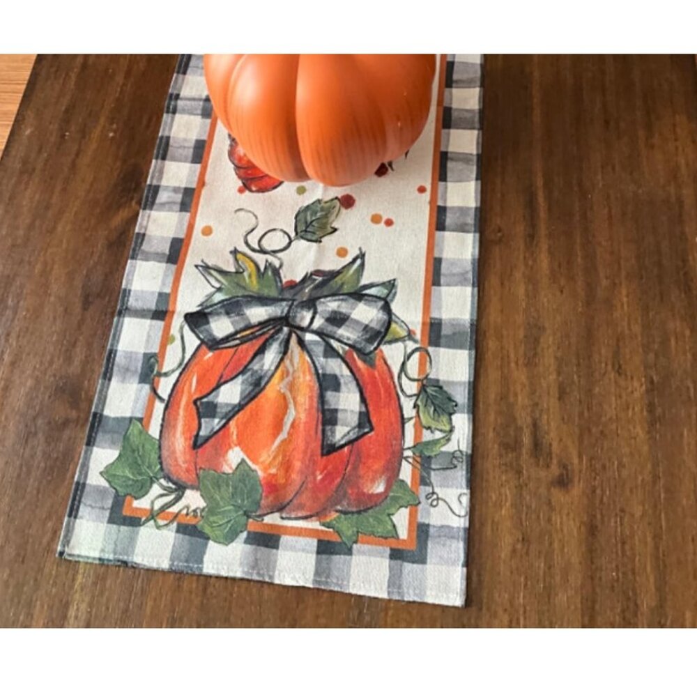 Pumpkin Table Runner Plaid Decorative Cloth Fall Thanksgiving Decor Orange 13x60